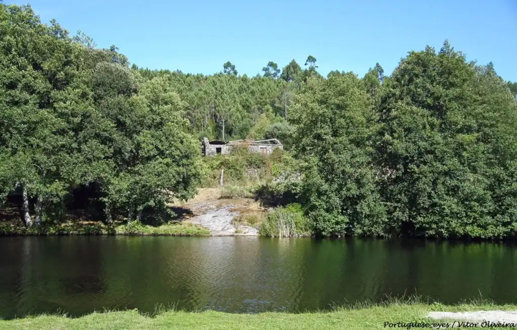 Rio e margem arborizada na Praia Fluvial de Porto Várzea, em Campia, Vouzela.